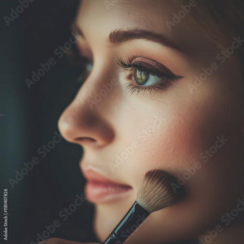 Woman putting blush on her face. photo