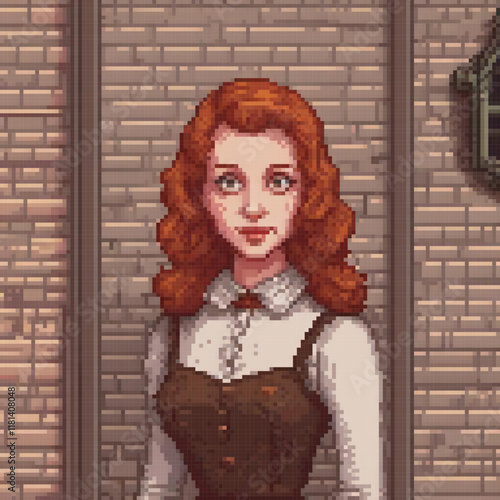 Redhead woman in pixel art, standing by brick wall