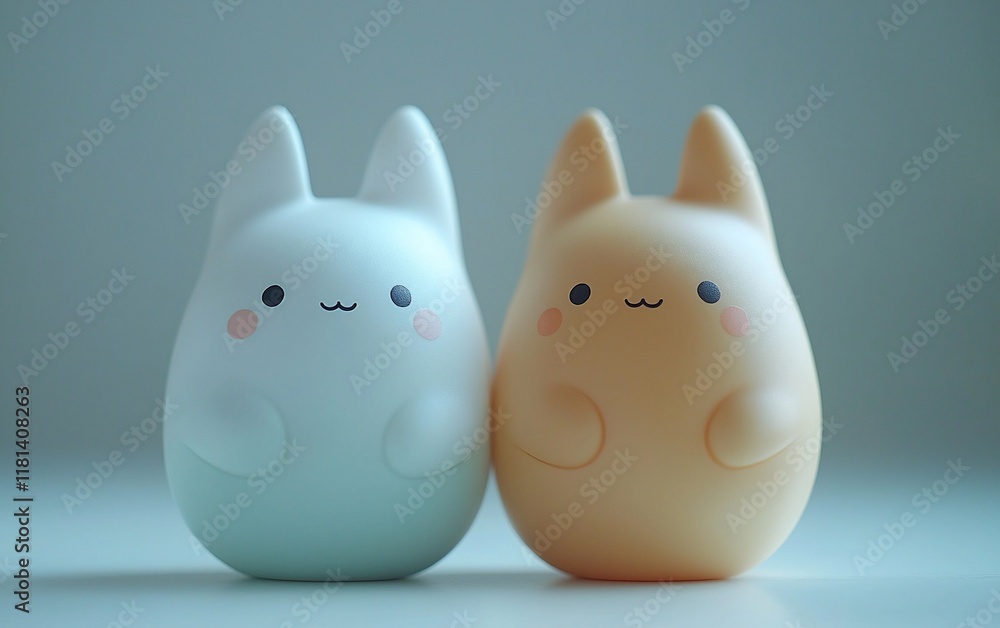Two cute bunny figurines, one white and one orange, sitting side by side. Two cute bunny figurines, one white and one orange, sitting side by side.