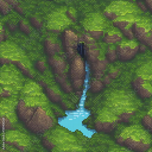 Pixel art depicting a serene stream meandering through a vibrant green forest.