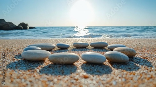 Unique arrangement of smooth stones forming a circular pattern on dark sand
