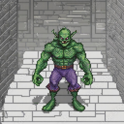 Vintage green monster in pixel art, standing proudly before a brick wall.