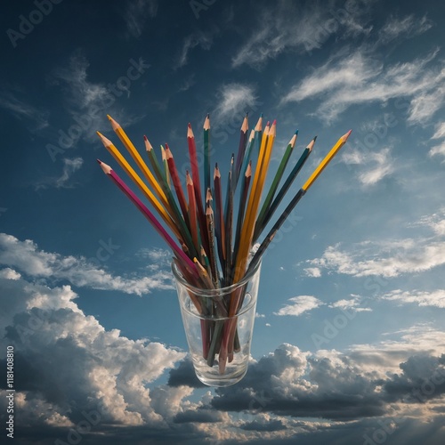 Pencils levitating in mid-air against a surreal sky.