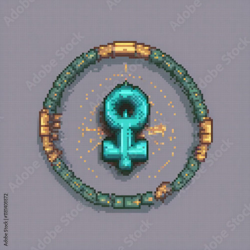 Blue key pixel art in a circular frame