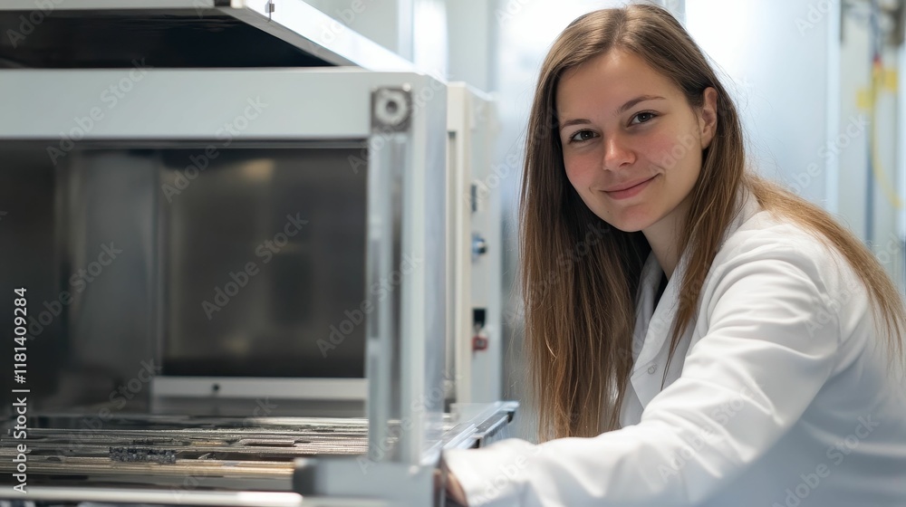 Smiling woman in lab coat using lab equipment. Smiling woman in lab coat using lab equipment.