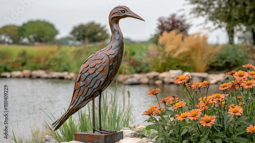 Metal heron sculpture near serene pond with vibrant flowers in garden setting