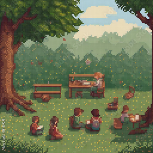 Pixel art picnic scene in the woods