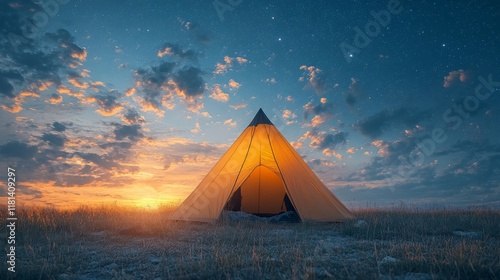 Vibrant orange tent set against mountains during a serene sunset with lush gr...