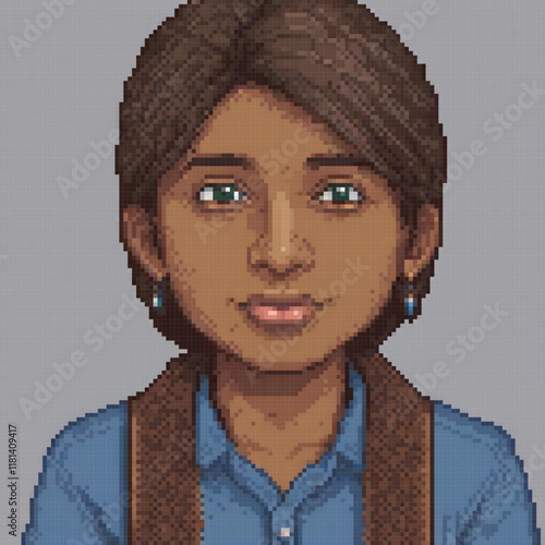 Cute pixel art of a woman wearing a blue shirt and a brown scarf.