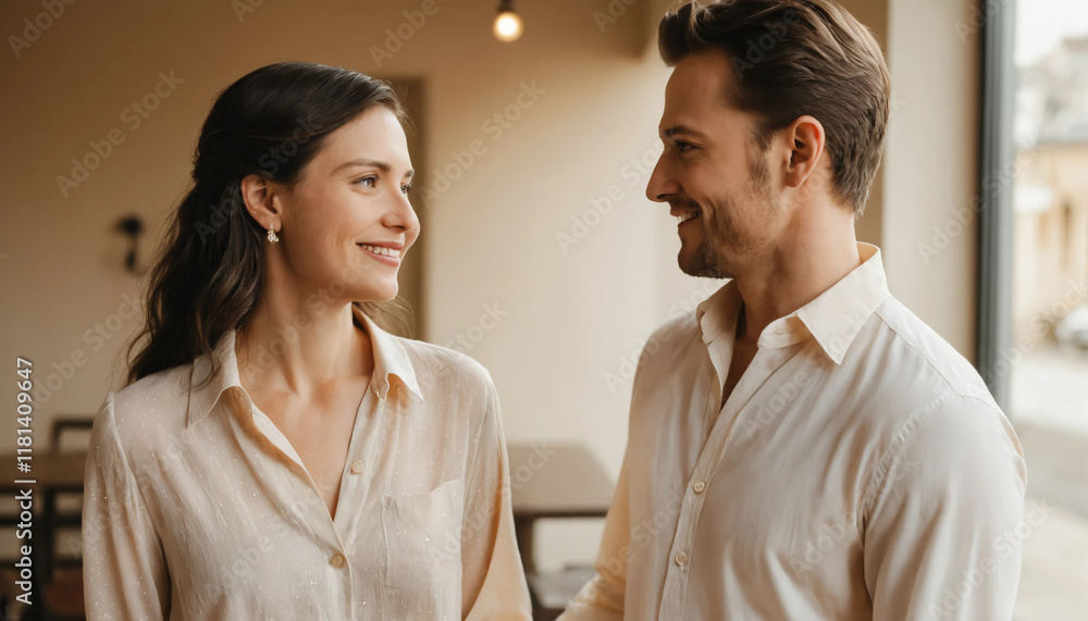 Portrait romantique d’un couple amoureux, homme et femme souriants, partageant un moment complice dans une ambiance chaleureuse. Portrait romantique d’un couple amoureux, homme et femme souriants, partageant un moment complice dans une ambiance chaleureuse.