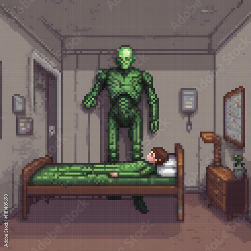 Pixel art depicts a man beside a bed in a cozy room setting.