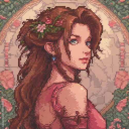 Stunning pixel art cross stitch pattern featuring a woman with long hair adorned with flowers.