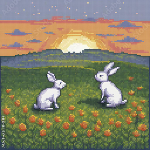 Cute white rabbits in a blooming field, pixel art style.