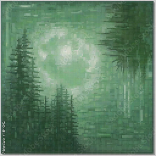 Pixel art forest scene with a full moon, perfect for art lovers and night sky enthusiasts.