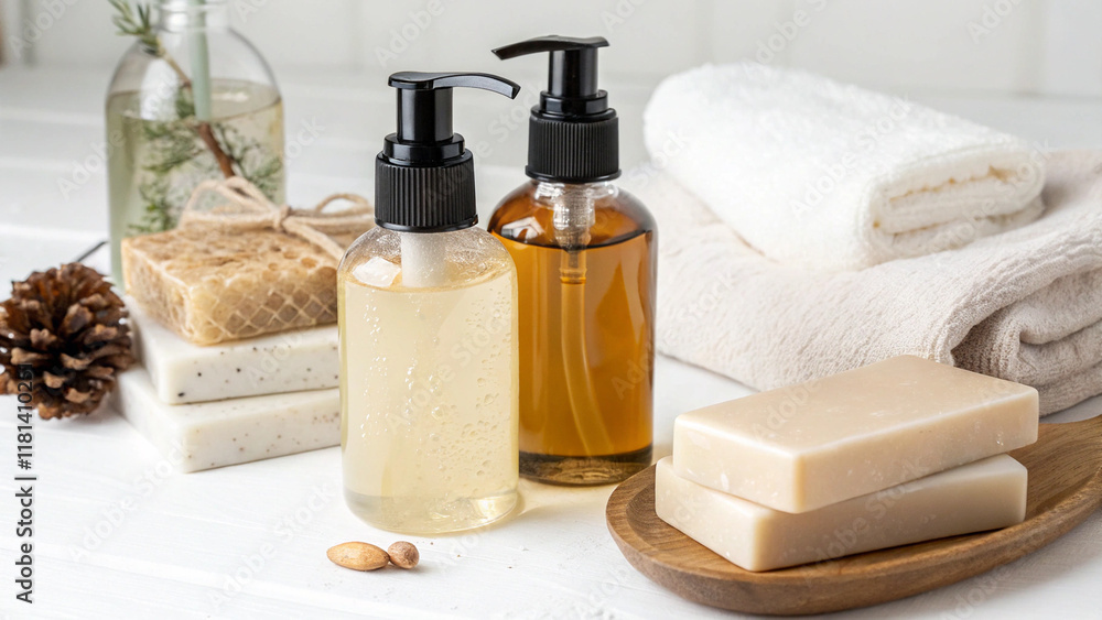Mock up bar soap, liquid soap, shampoo, spa set on white background Mock up bar soap, liquid soap, shampoo, spa set on white background