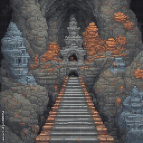 Pixel art cave with ascending stairs