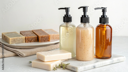 Wallpaper Mural Mock up bar soap, liquid soap, shampoo, spa set on white background Torontodigital.ca