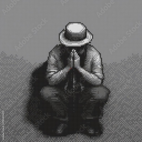 Pixel art of a man in a hat, sitting grounded with hands clasped.