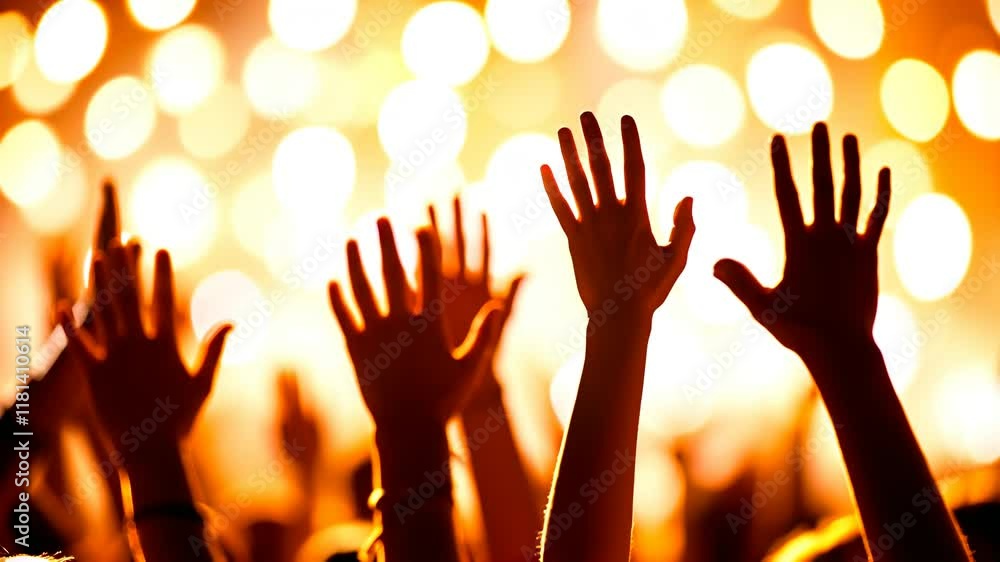 Celebration Crowd with Raised Hands at a Concert | Festive Atmosphere with Blurry Lights | Joyful Event and Music Vibes | 4K Stock Footage Celebration Crowd with Raised Hands at a Concert | Festive Atmosphere with Blurry Lights | Joyful Event and Music Vibes | 4K Stock Footage