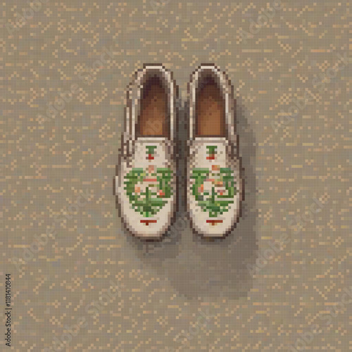 Pixel art shoes with a unique coat of arms design