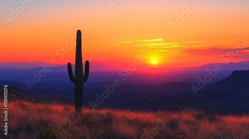 Majestic sunset over a desert landscape featuring a lone cactus silhouette