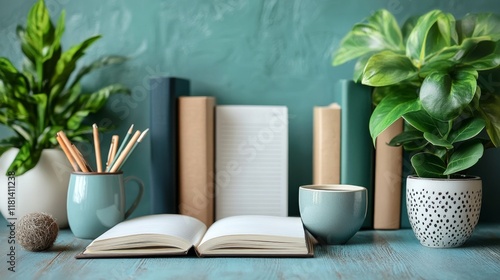 Creative workspace with plants, notebooks, and colorful pens for productive a...