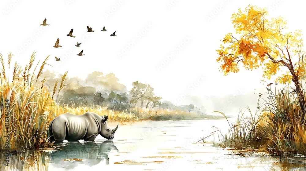 Obraz premium A watercolor painting of a rhinoceros drinking from a tranquil river, surrounded by golden grasses, trees, and birds in flight.