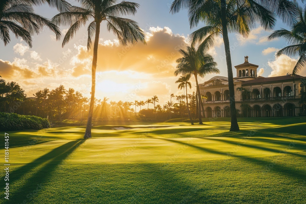 Obraz premium Sunrise golf course resort palm trees Hawaii