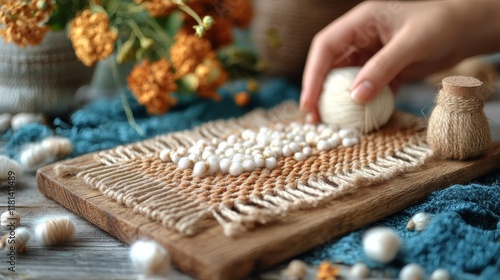 Woven textile hanging from wooden rod on rustic wooden background in natural ...