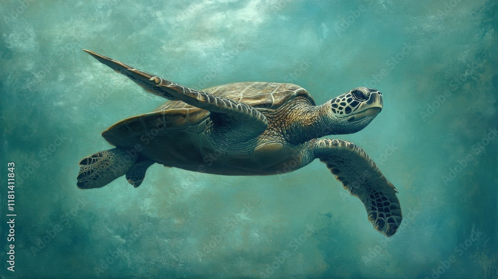 Obraz premium A majestic sea turtle gliding gracefully, highlighted by a light teal background