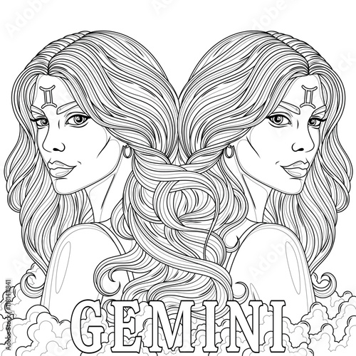 Gemini Woman.Astrological Zodiac Sign.Coloring book antistress for children and adults.