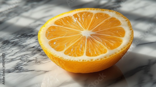 Freshly cut lemon resting on a marble countertop illuminated by natural sunlight