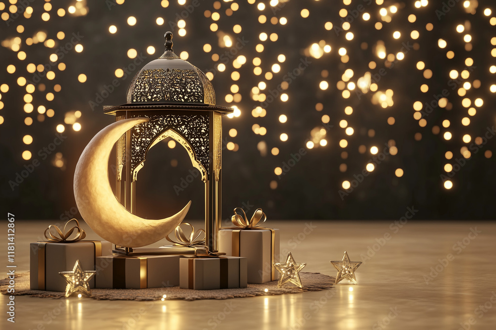 Ramadan Kareem greeting template with arabic lantern, moon, gift, presents and stars. Podium, stand on holiday light background for advertising products Ramadan Kareem greeting template with arabic lantern, moon, gift, presents and stars. Podium, stand on holiday light background for advertising products