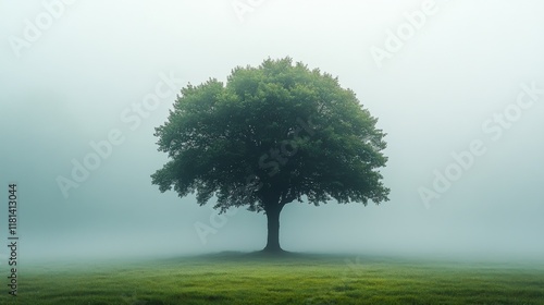 Mysterious tree stands alone in foggy landscape during early morning hours