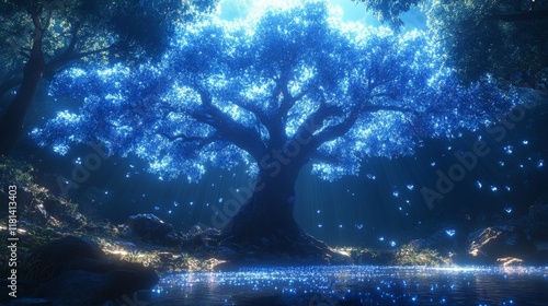 Illuminated tree surrounded by mist in a serene forest atmosphere at dusk