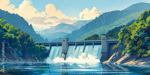 Scenic hydroelectric dam with a flowing river, surrounded by mountains and greenery under a bright sky, symbolizing renewable energy and sustainability.
