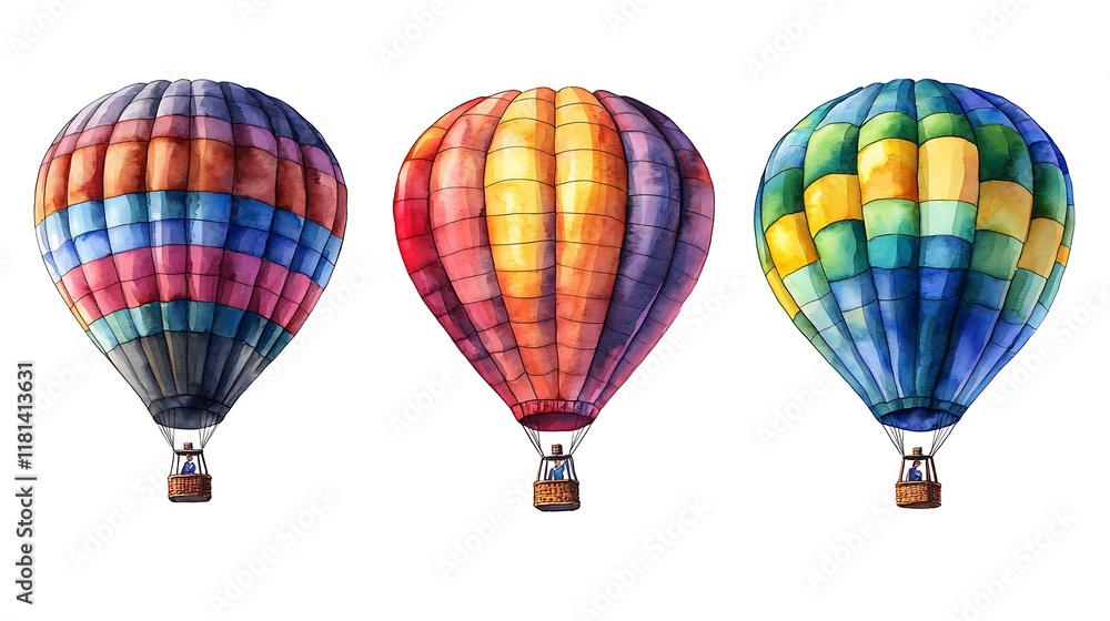 Obraz premium Watercolor illustration of three vibrant hot air balloons with passengers, isolated on a white background.