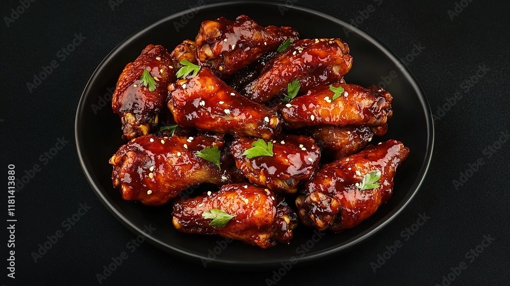 Barbecue chicken wings with glaze on a dark background, top view. Barbecue chicken wings with glaze on a dark background, top view.