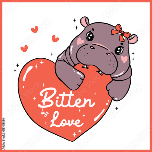 Happy Valentine Grumpy Baby Pygmy Hippo bite red Heart Hand Drawn Cartoon Character
