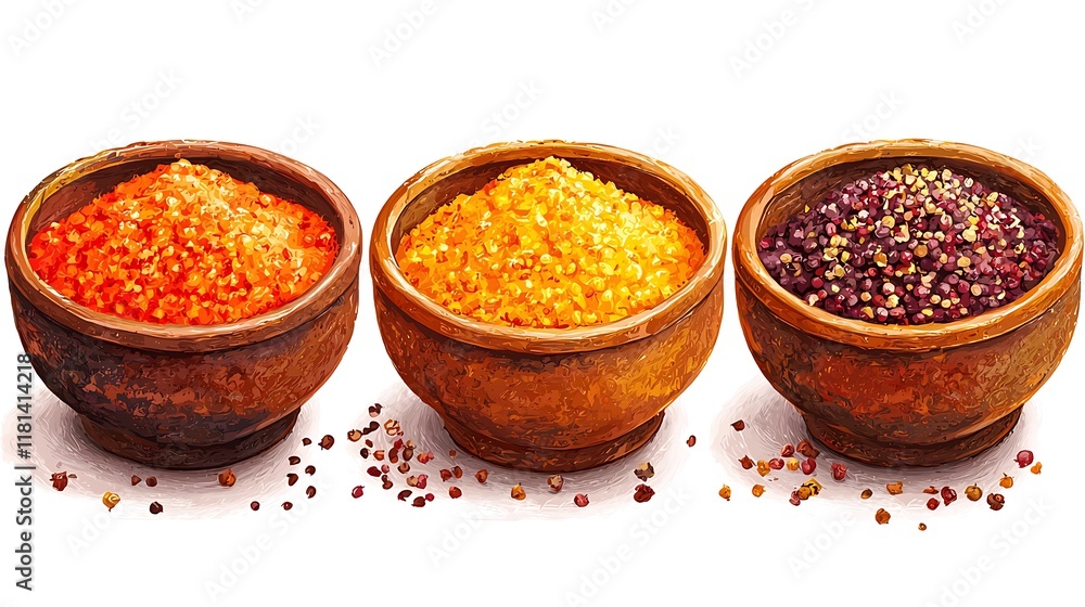 Three wooden bowls filled with vibrant red, yellow, and purple spices, scattered with peppercorns on a white background. Three wooden bowls filled with vibrant red, yellow, and purple spices, scattered with peppercorns on a white background.