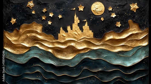 Gold castle on teal waves under starry night.