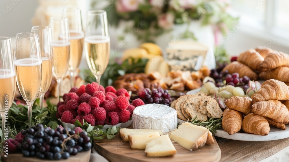 Naklejka premium Elegant Cheese and Charcuterie Board with Champagne