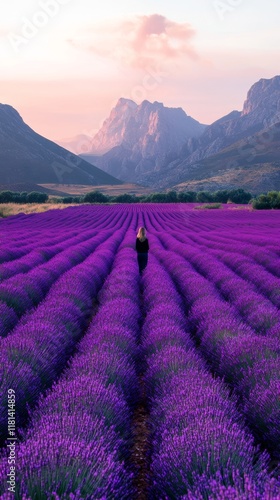 Beautiful lavender field with mountains in the background under a clear blue sky