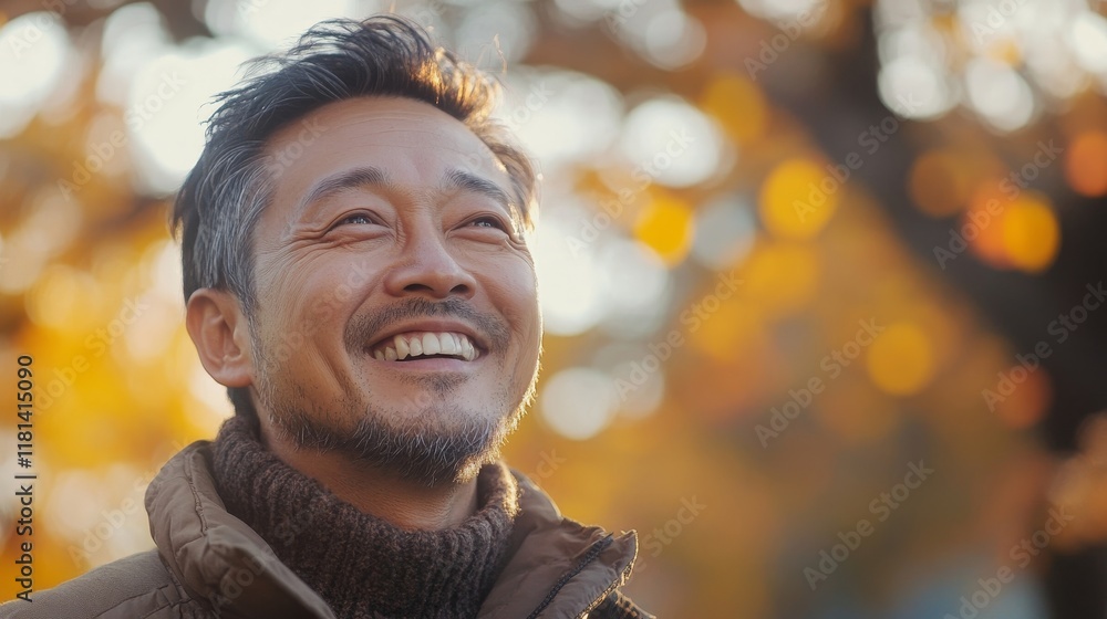 Mature, man and portrait of a male laughing in a park for peace, contentment and vitality. Happy, smiling and chinese person radiating positivity outdoors for peace, happiness, Generative AI Mature, man and portrait of a male laughing in a park for peace, contentment and vitality. Happy, smiling and chinese person radiating positivity outdoors for peace, happiness, Generative AI