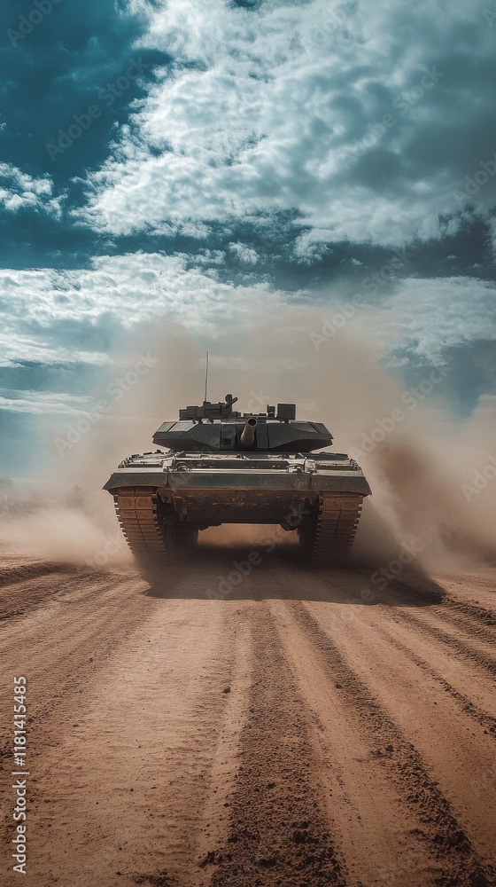 Military tank maneuvers on a dusty terrain under a clear blue sky in a remote location Military tank maneuvers on a dusty terrain under a clear blue sky in a remote location