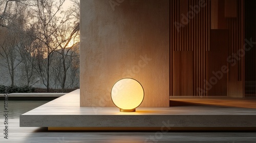 Elegant warm light from a modern table lamp illuminating a wooden surface in ...