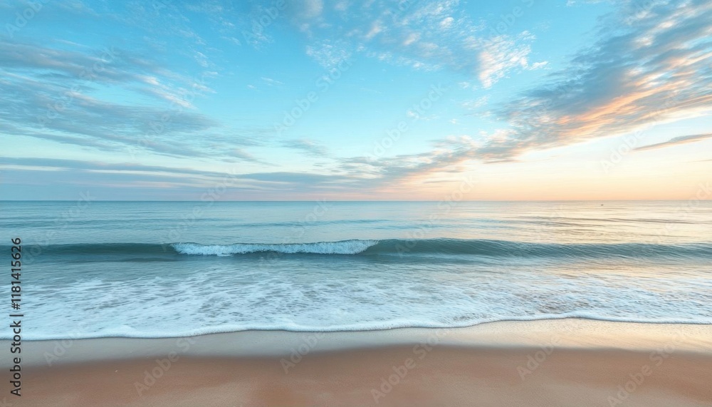 Serene beach scene at dawn with gentle waves and a colorful sky. Serene beach scene at dawn with gentle waves and a colorful sky.