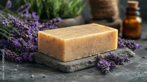 Handmade lavender soap with natural ingredients resting on a textured surface