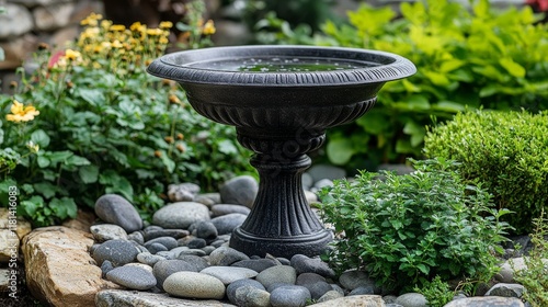 Serene garden with stone fountain surrounded by lush greenery and smooth pebb...