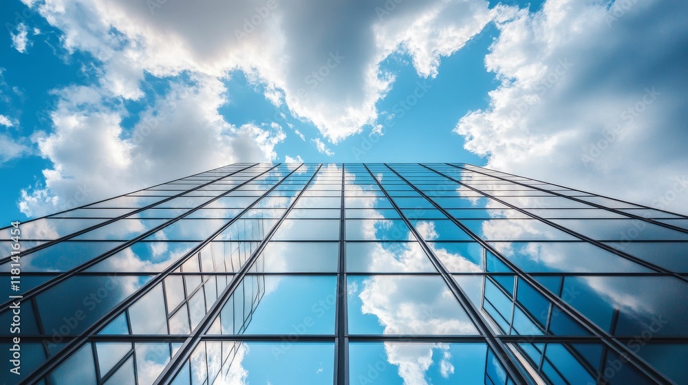 Glass building facade reflecting clouds, blue sky. Glass building facade reflecting clouds, blue sky.